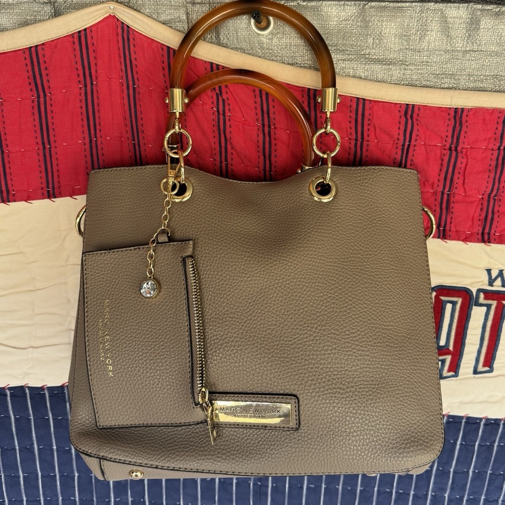 Marc New York Andrew Marc Taupe Purse Shoulder Satchel Handles Gold Hardware
